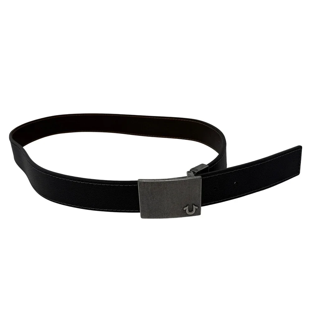 True Religion Reversible Belt Mens 38 Black Brown Excellent Plaque Buckle Logo